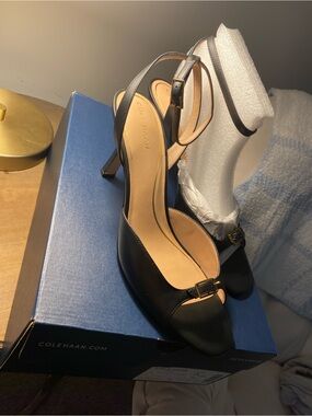 Cole Haan Black Leather Open-Toe Slingback Heels with Buckle